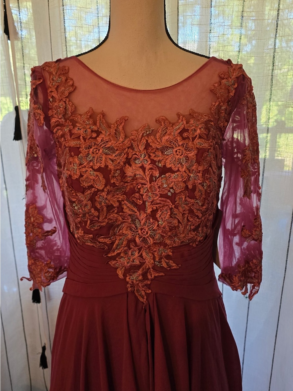Elegant Burgundy Embroidered Maxi Dress with Sheer Sleeves - Picture 2 of 6
